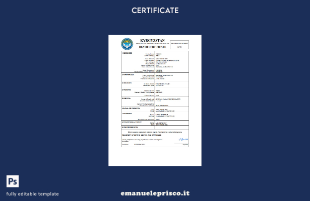 certificato di morte del Kirghizistan in stile verificato modello Word e PDF